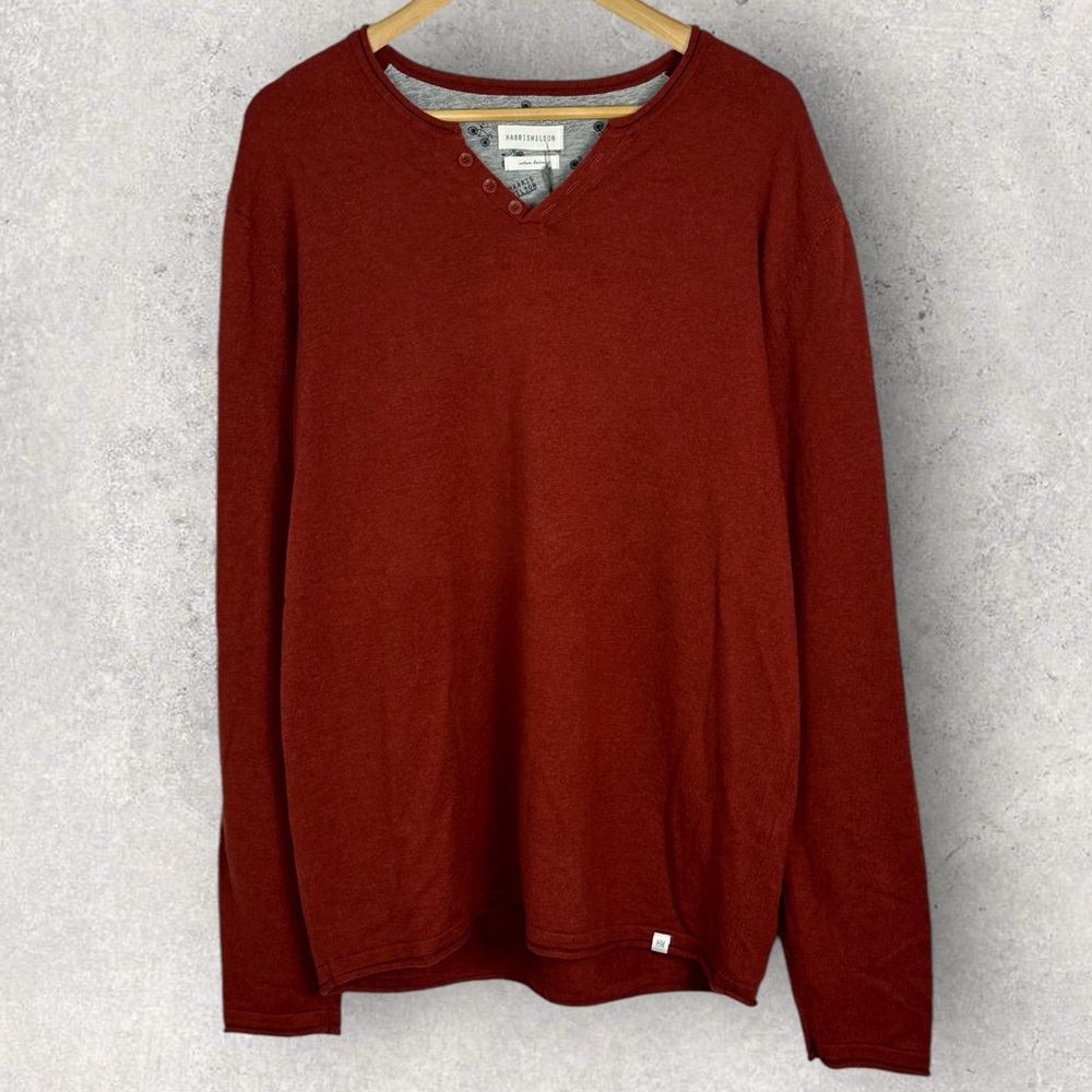 Harris Wilson Wool Blend Henley Knit‎ Sweater Mens Size XL Orange Burnt Red NWT